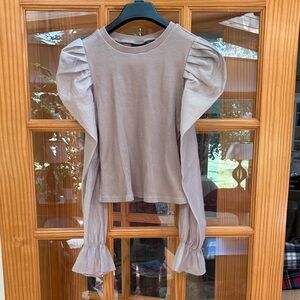 Miou Muse Elegant Puff Sleeve Women Taupe Top Medium